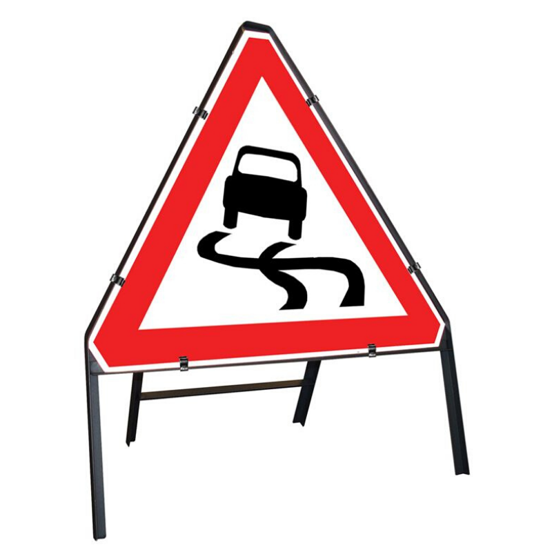Slippery Road Clipped Triangular Metal Road Sign - 750mm