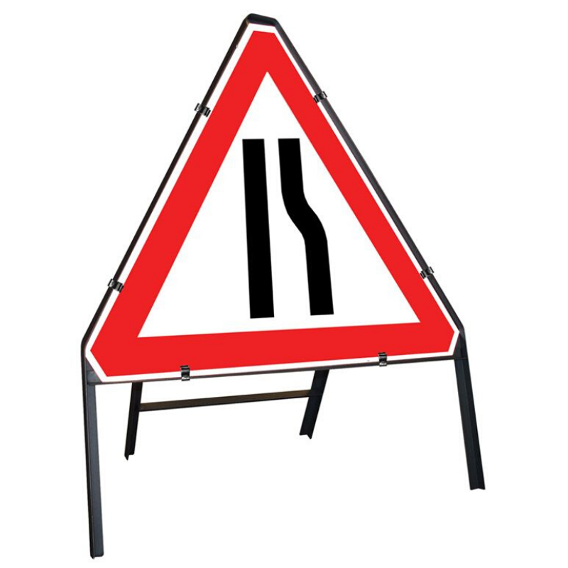 Road Narrows Nearside / Offside Reversible Clipped Triangular Metal Road Sign - 750mm